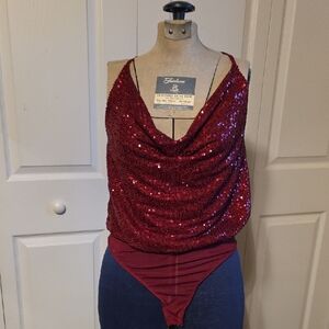 Lulu's Red Sequin Draped  And Lined Bodysuit With Snaps